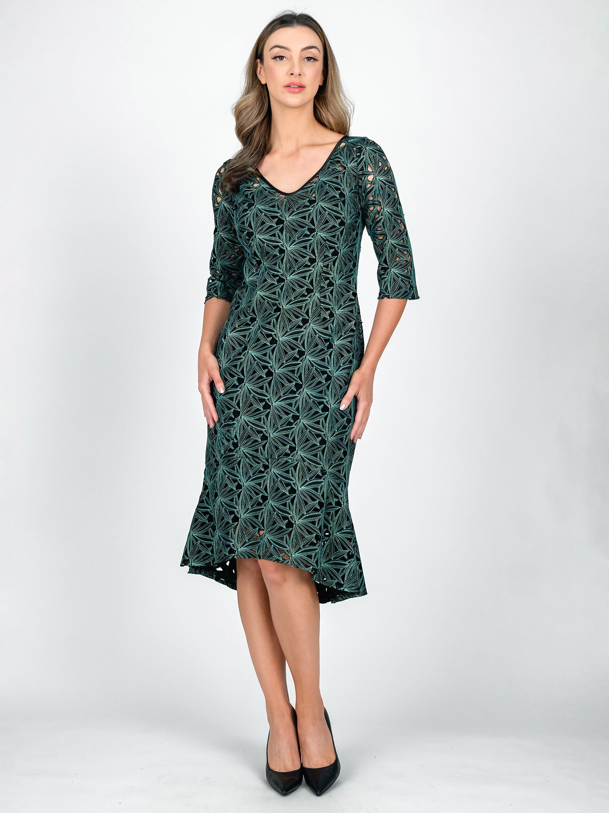 Lisa Barron BOTANICA 3 4 Sleeve Flute Hem Cocktail Dress