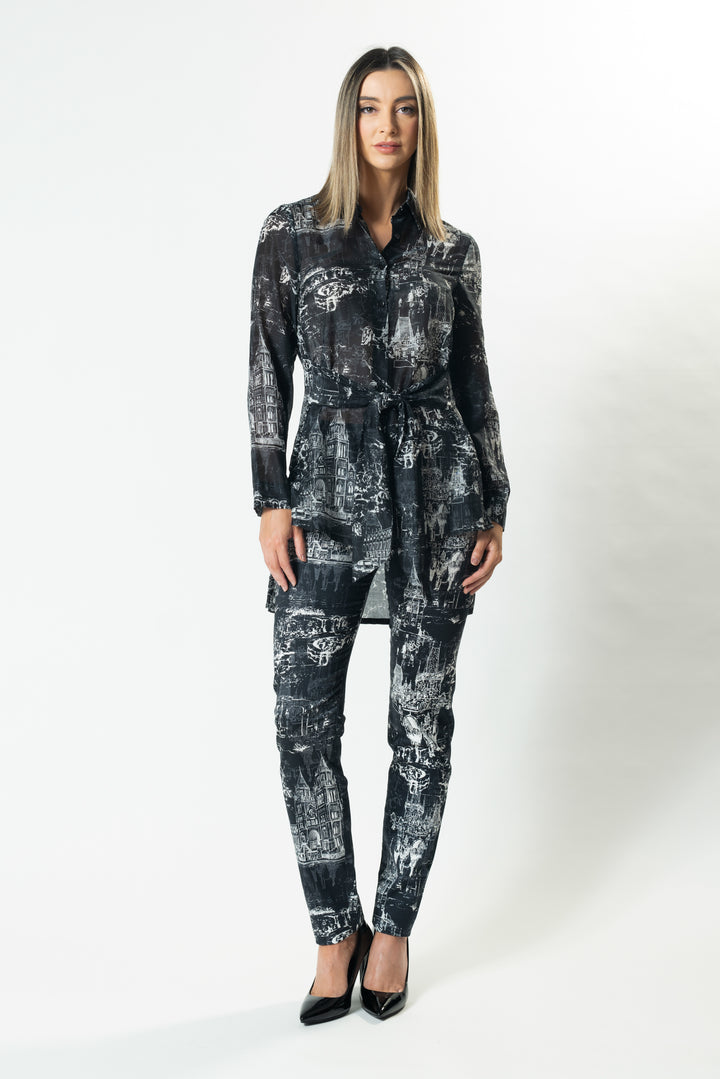 CITYSCAPE Tie Front Long-Line Shirt