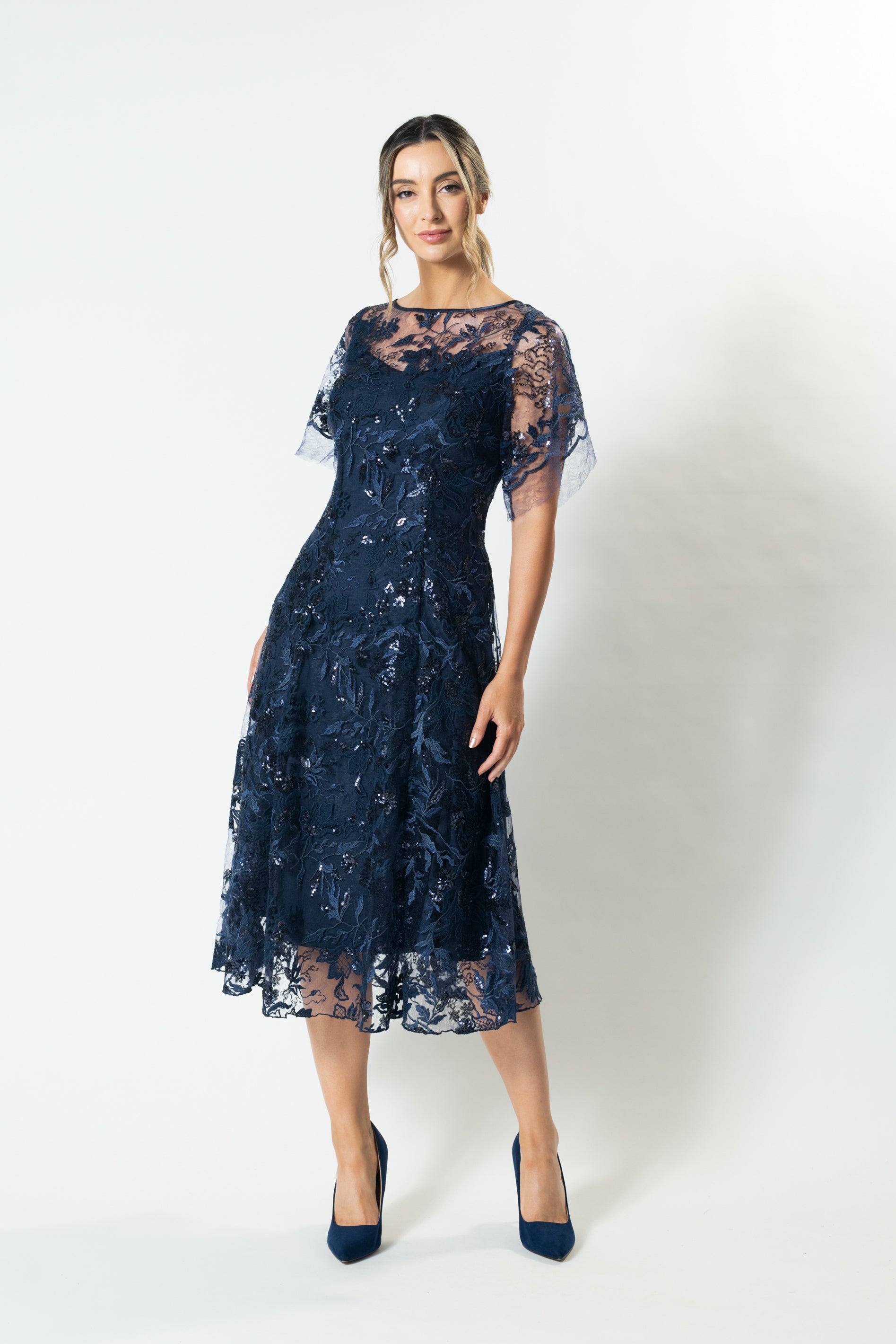 Womens Navy Dressy Dress Women's Elegant Navy Blue Lace Trim Dress
