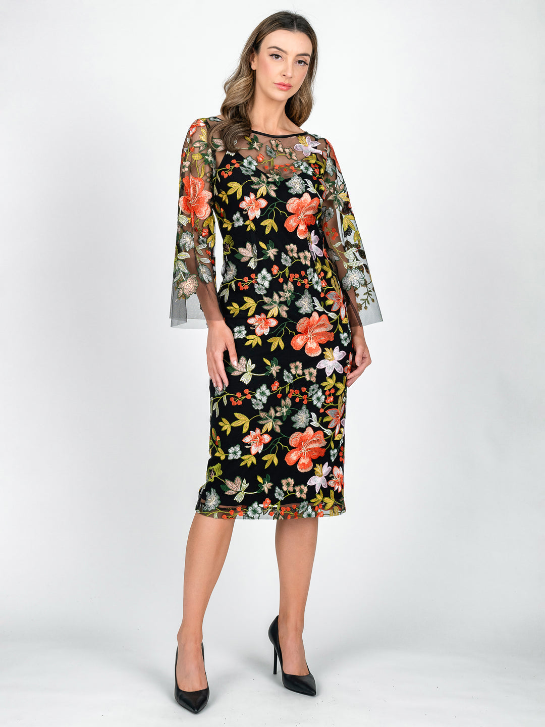 Lisa Barron 3/4 Sleeve boat neck cocktail dress in yellow, green and orange floral embroidery. Garden winery wedding mother of the bride groom dress