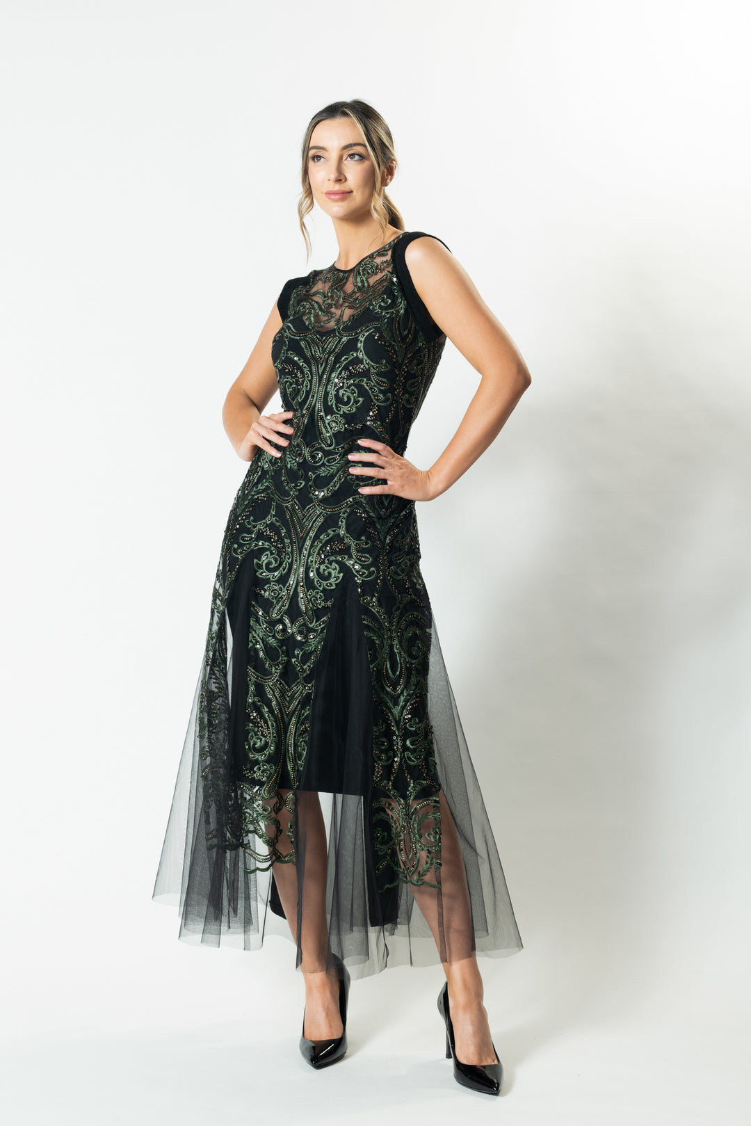 VERDE Cap Sleeve Godet Gown