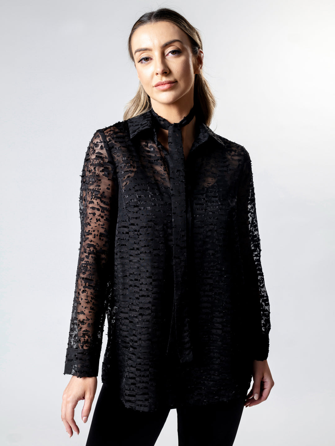 BURNOUT Sheer Long-Line Shirt