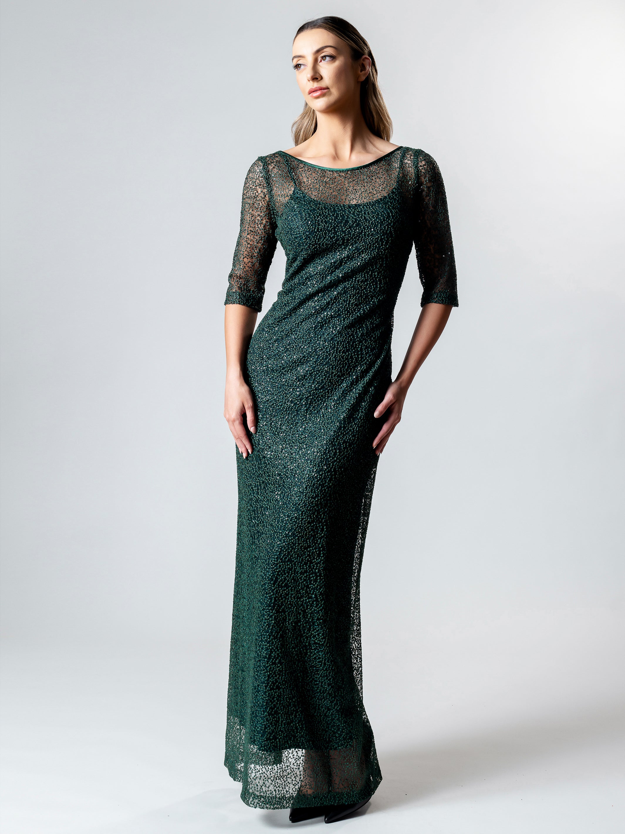 Lisa Barron EMERALD 3/4 Sleeve Evening Gown Made in Melbourne