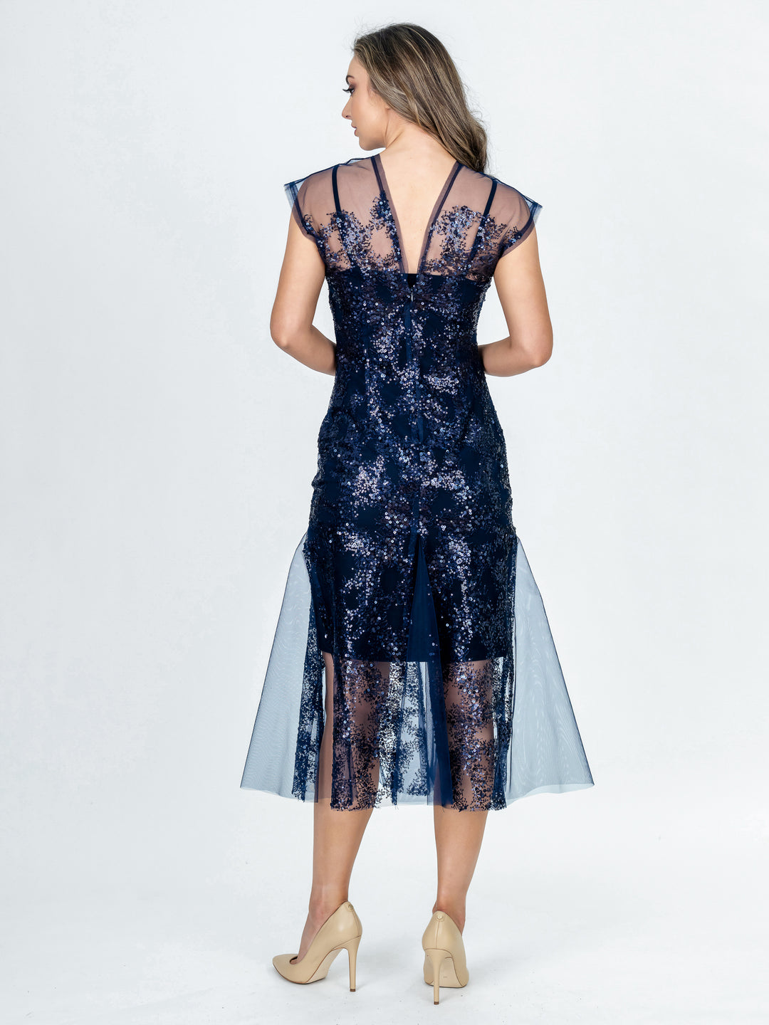 NAUTILAS Cap Sleeve Godet Cocktail Dress