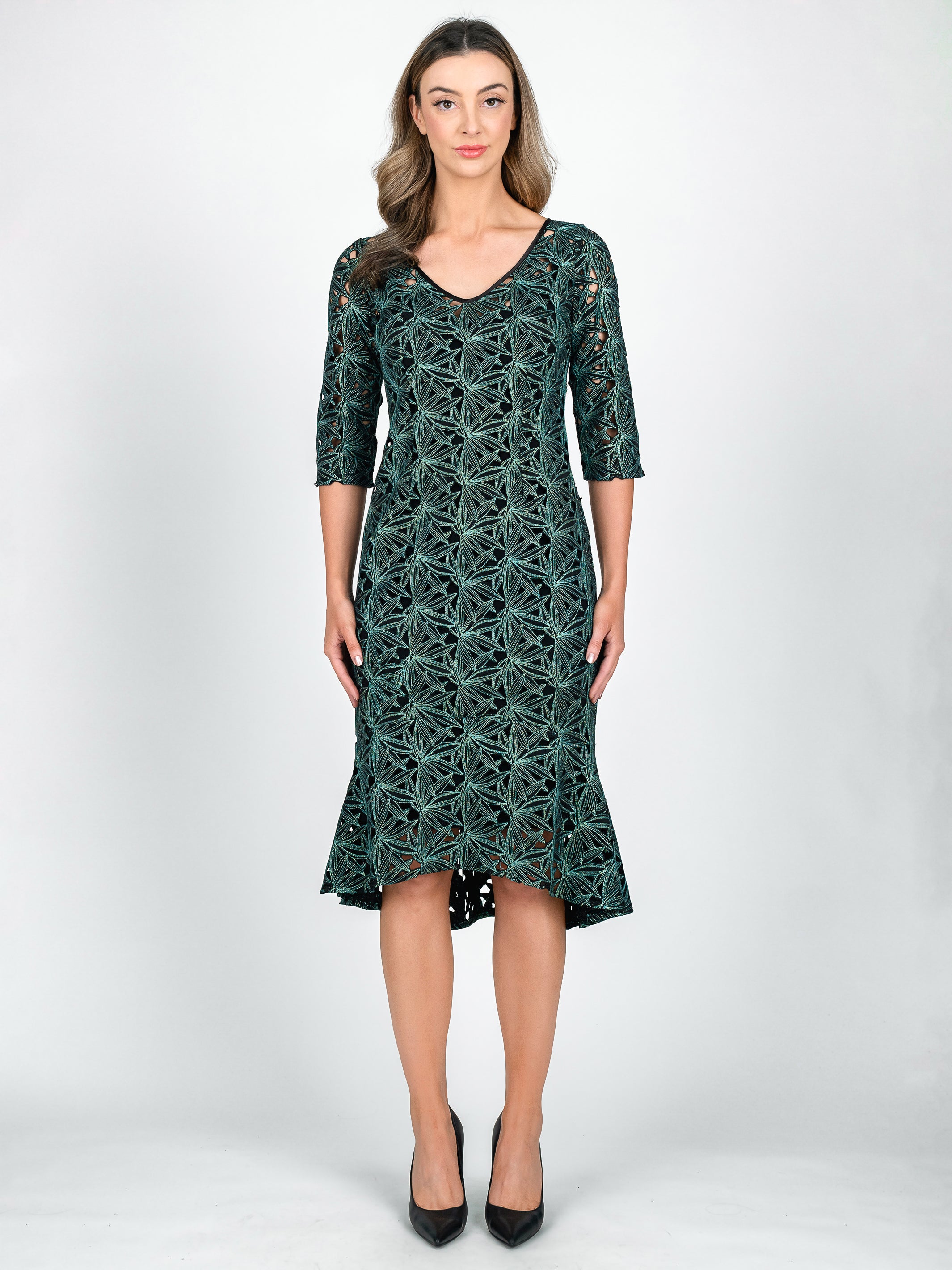 Lisa Barron BOTANICA 3 4 Sleeve Flute Hem Cocktail Dress