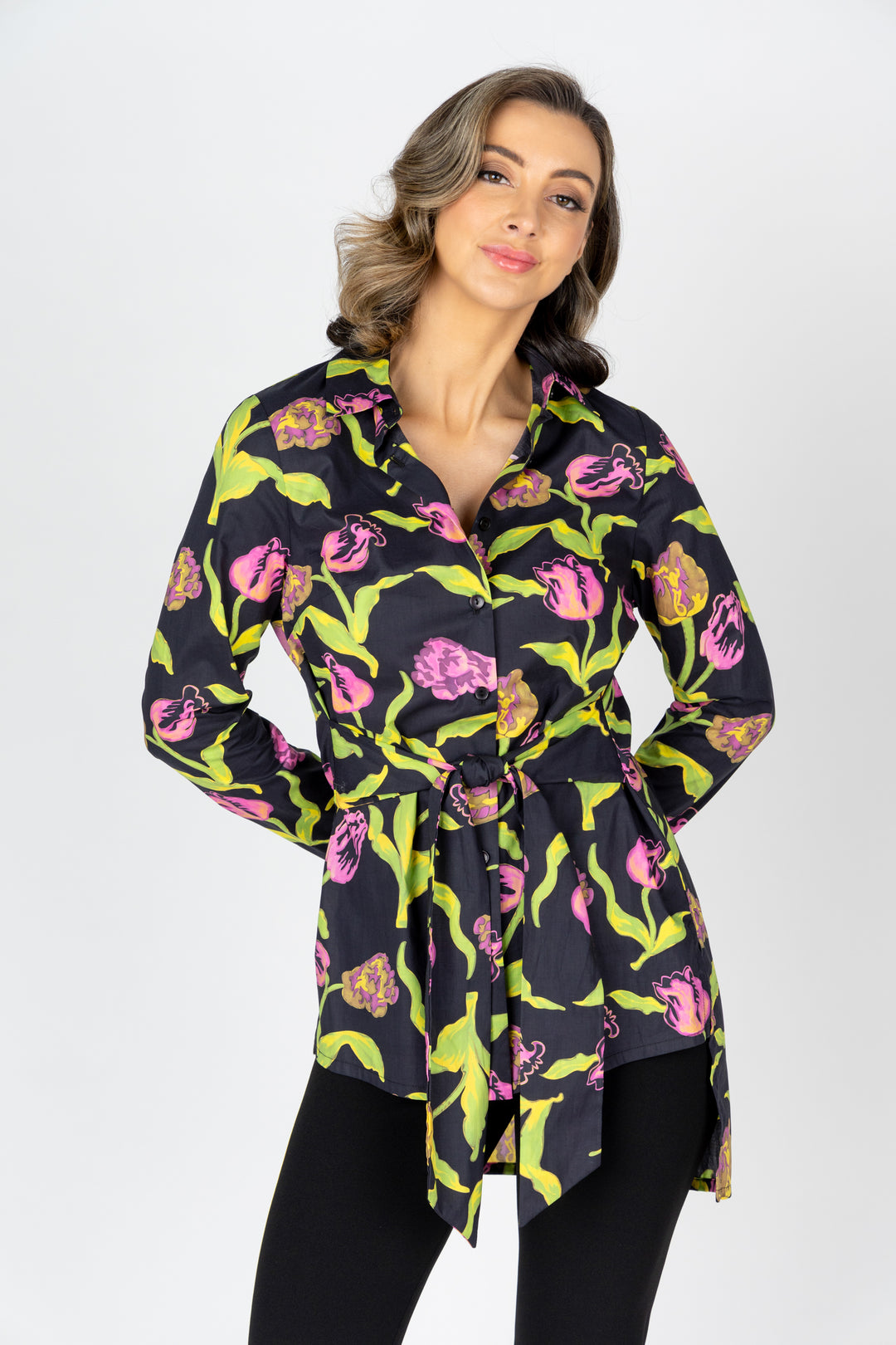 CARMEN Tie Front Long-Line Shirt