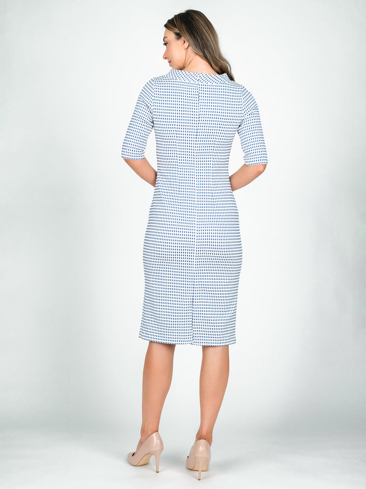 Blue and ivory women's 3/4 sleeve knee length tailored dress with boat neck standing collar 