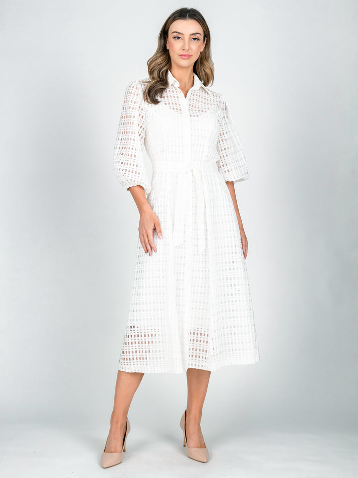 Women's sheer white shirt dress with blouson 3/4 length sleeves and a-line midi length skirt
