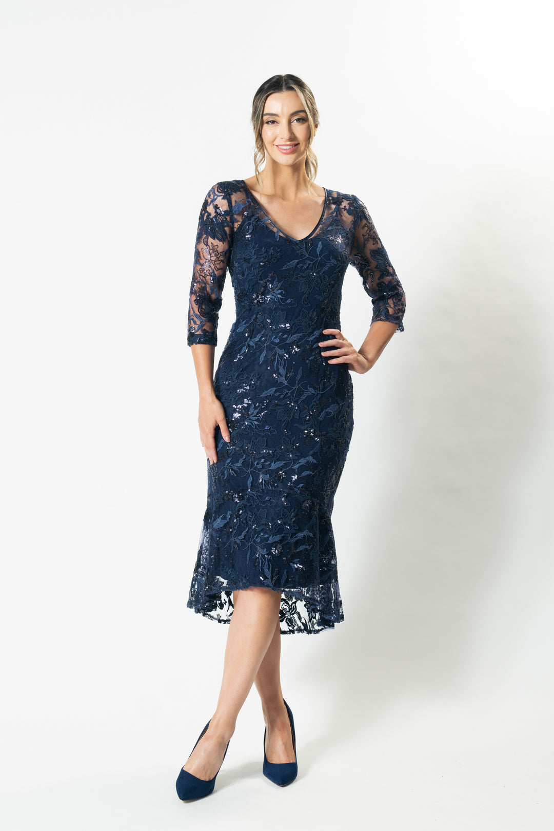 EVA 3/4 Sleeve Flute Hem Cocktail Dress