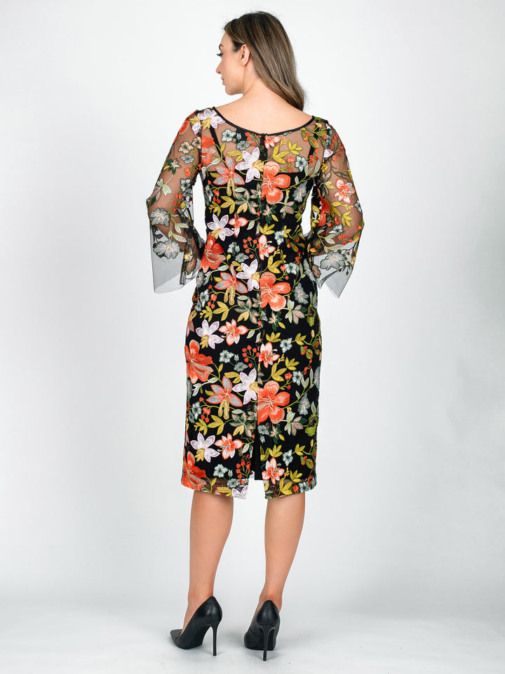 Lisa Barron 3/4 Sleeve boat neck cocktail dress in yellow, green and orange floral embroidery. Garden winery wedding mother of the bride groom dress back