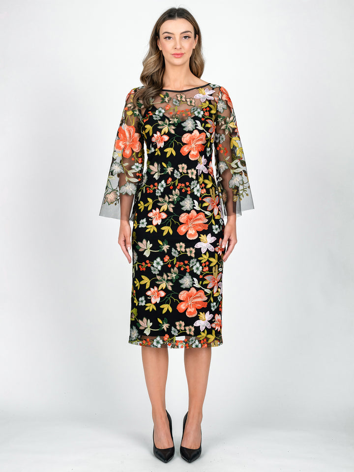 Lisa Barron 3/4 Sleeve boat neck cocktail dress in yellow, green and orange floral embroidery. Garden winery wedding mother of the bride groom dress bright coloured