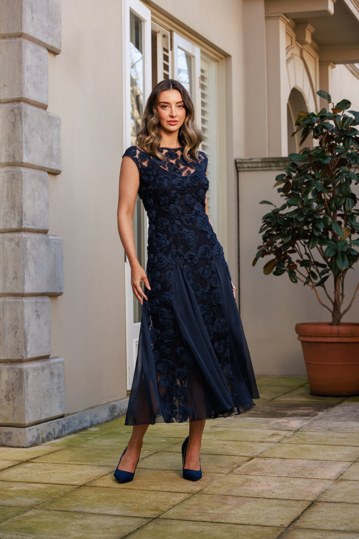 ROSETTE Cap Sleeve Godet Gown