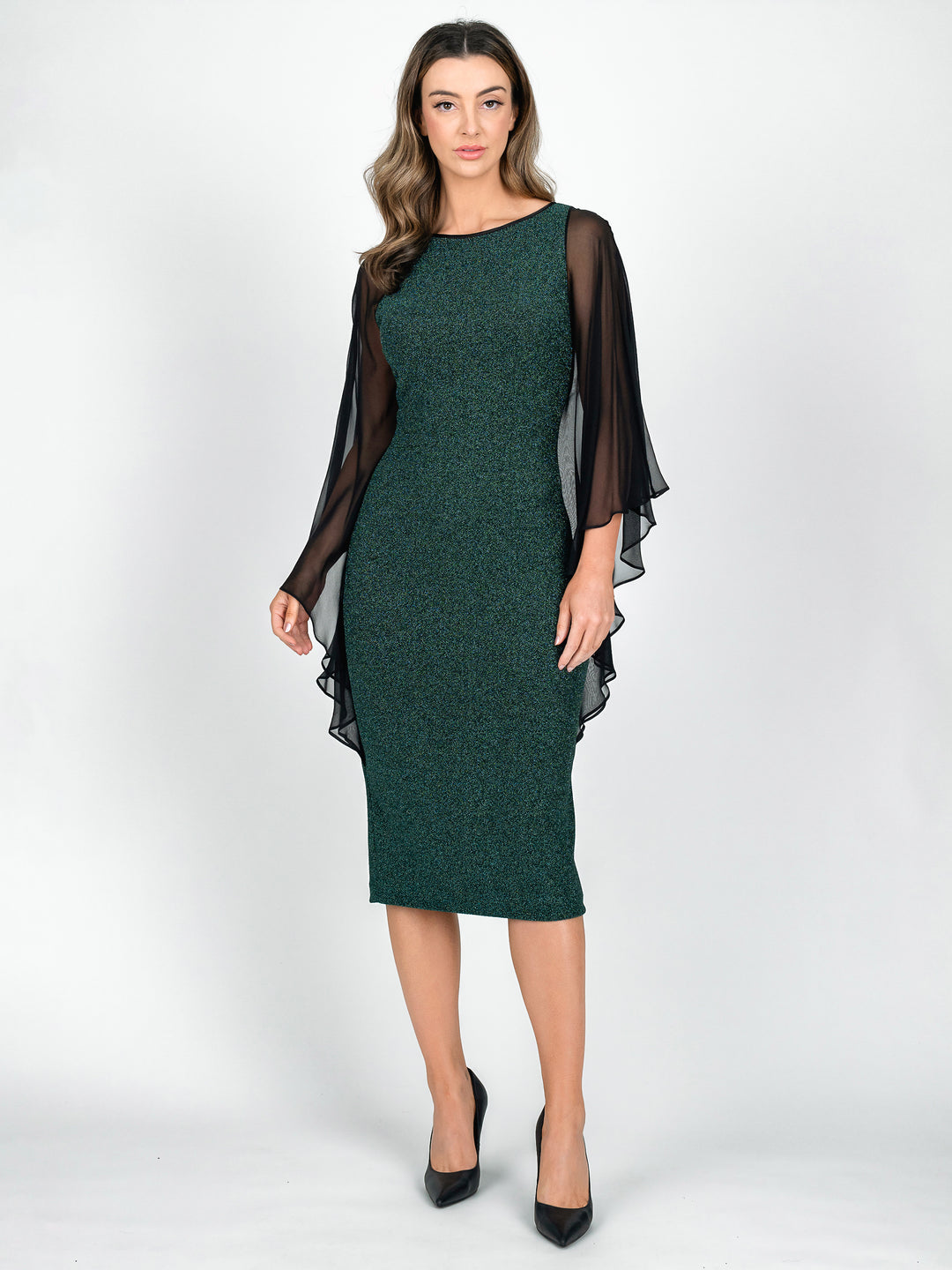 Green sparkly knee length cocktail dress with flowy silk sleeves
