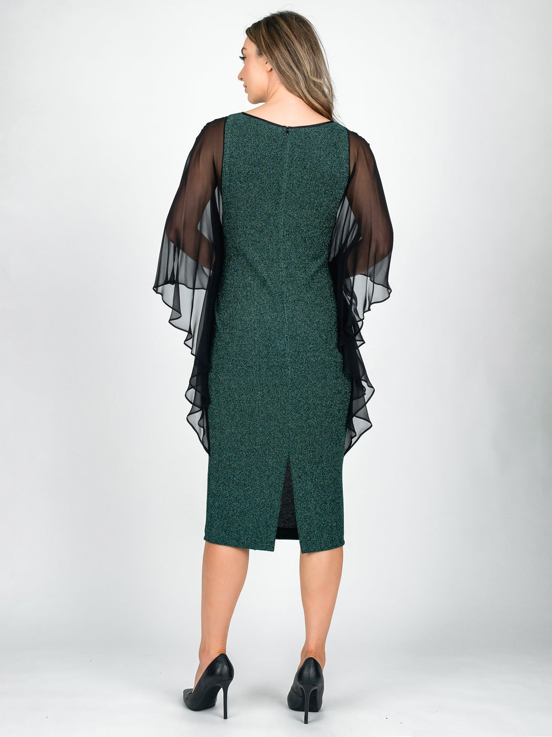 Back of Green sparkly knee length cocktail dress with flowy silk sleeves