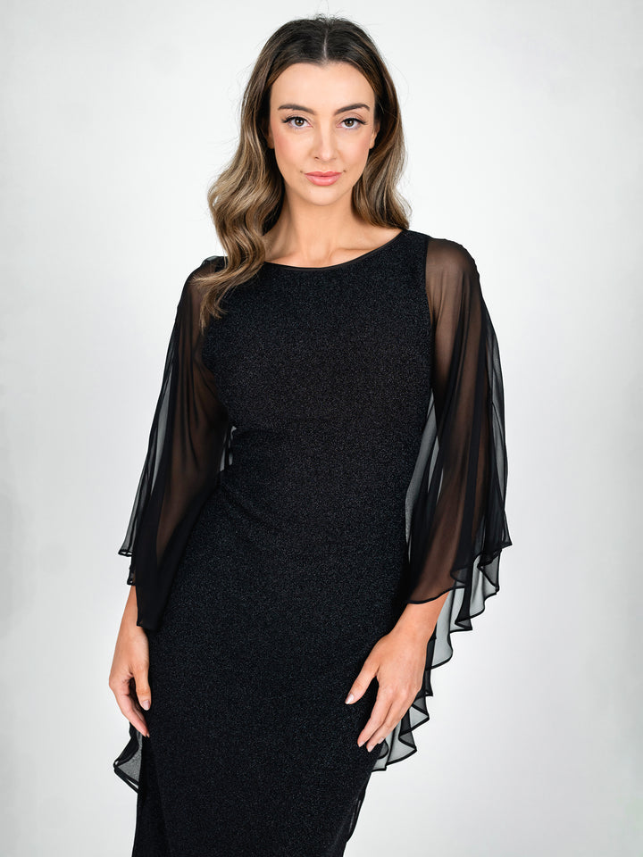 Black sparkly knee length cocktail dress with flowy silk sleeves