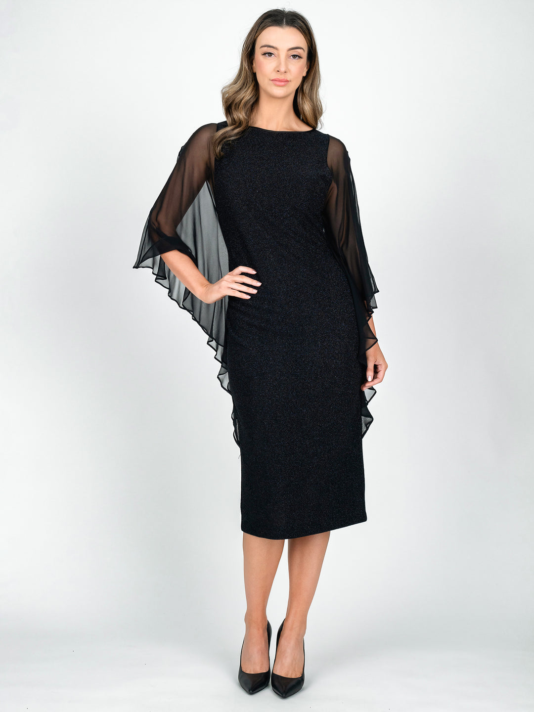 Black sparkly knee length cocktail dress with flowy silk sleeves