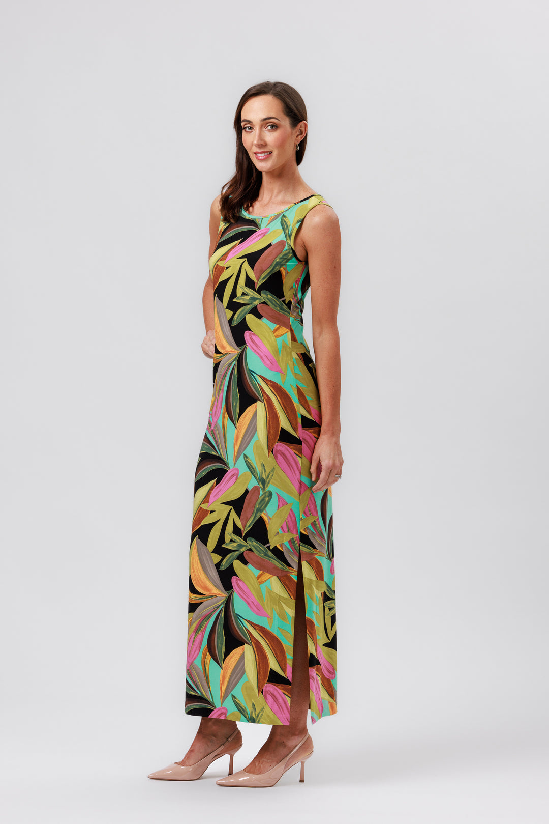 MULTI LEAVES Side Split Maxi Dress
