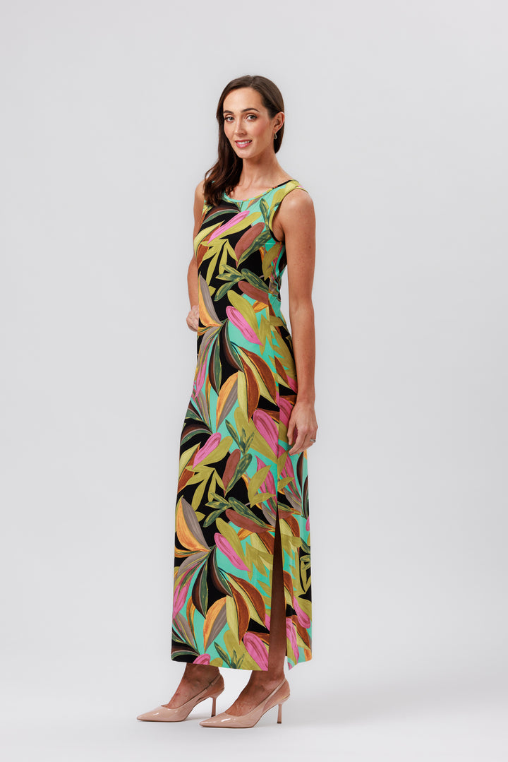 MULTI LEAVES Side Split Maxi Dress