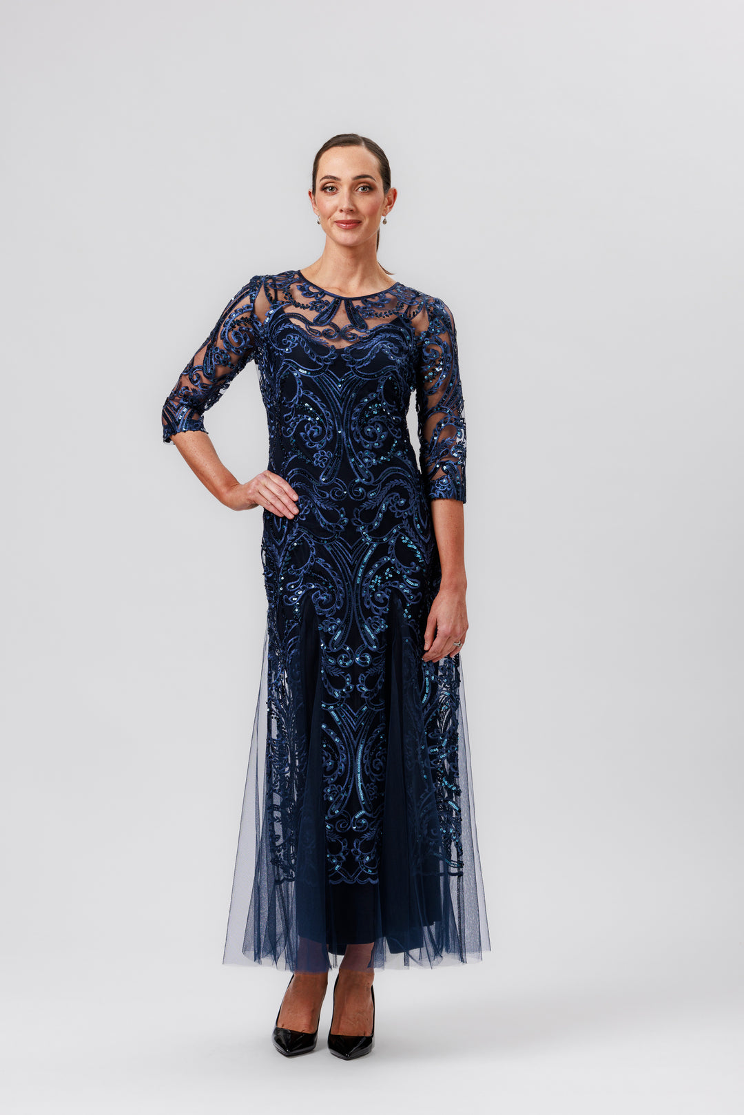 NINA 3/4 Sleeve Godet Gown