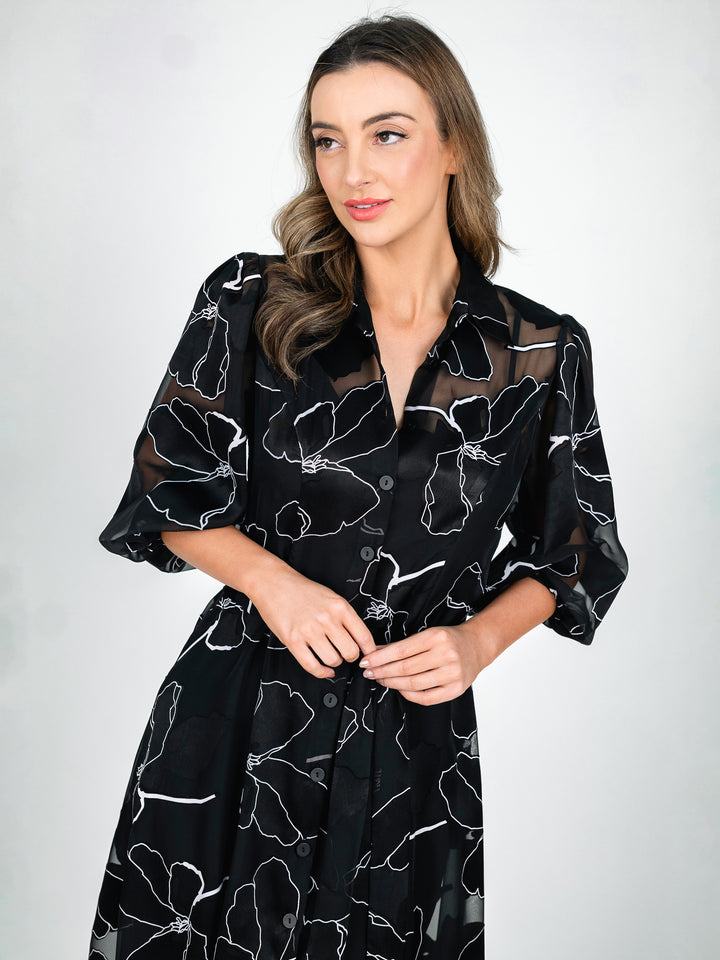 Black and white floral a-line women's shirt dress with 3/4 blouson sleeves