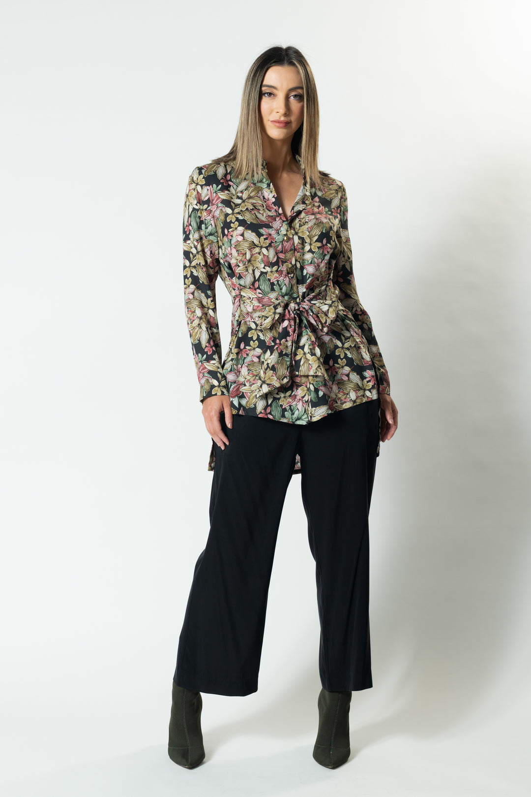 OLIVIA Tie-Front Long-Line Shirt