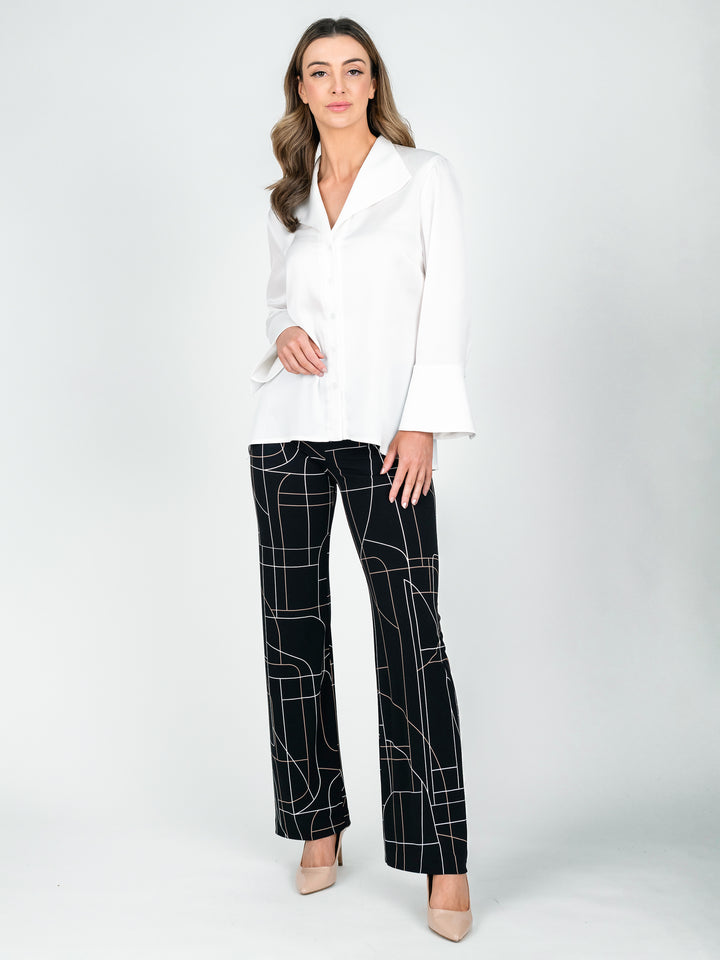 Women's stretchy jersey wide leg work pants with tan and white lines printed on black