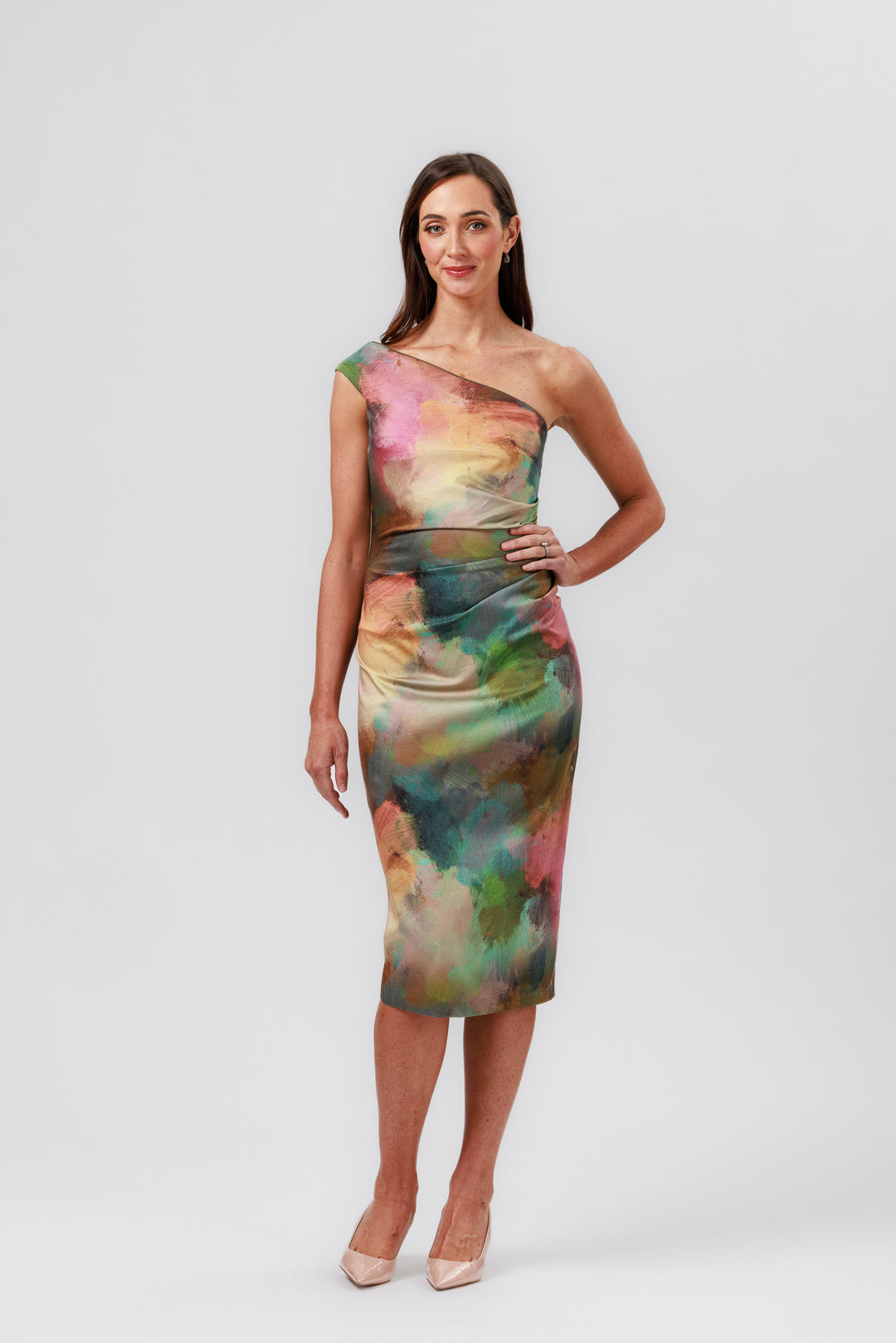 RHAPSODY One Shoulder Pleat Dress