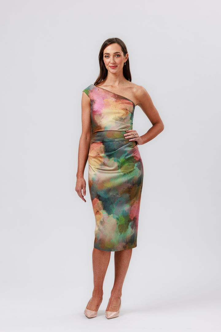 RHAPSODY One Shoulder Pleat Dress
