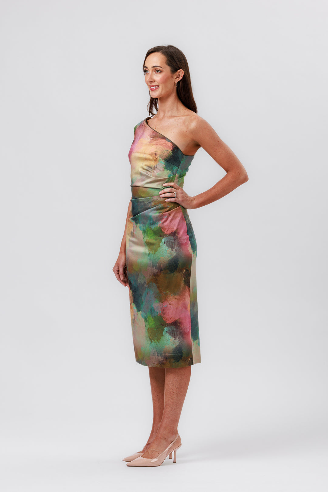 RHAPSODY One Shoulder Pleat Dress