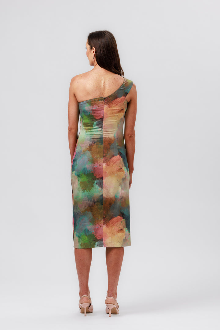 RHAPSODY One Shoulder Pleat Dress