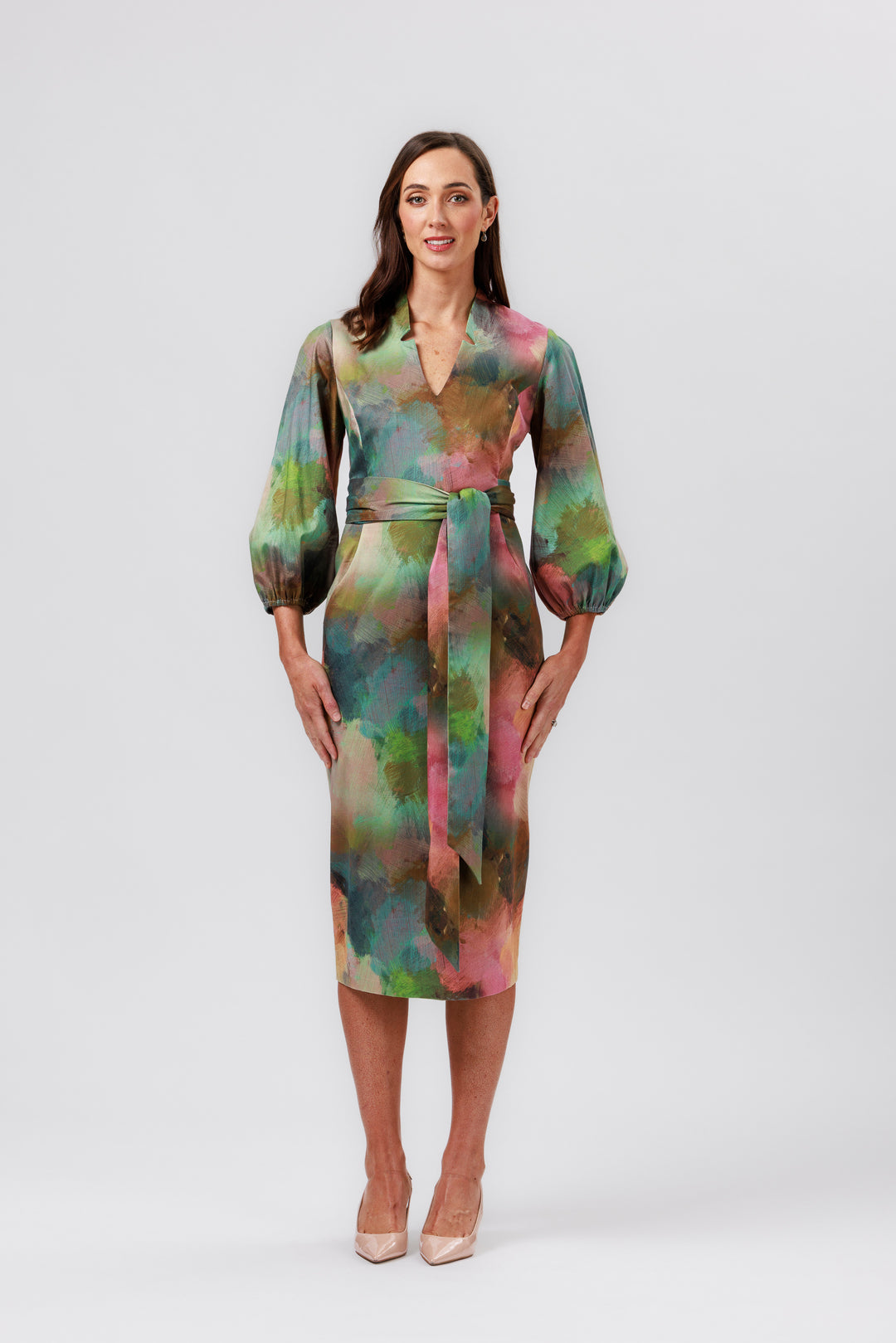 RHAPSODY Tie Front Blouson Sleeve Dress