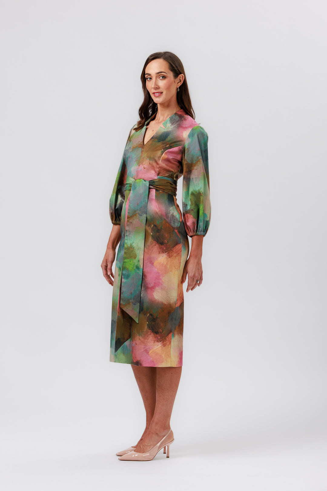 RHAPSODY Tie Front Blouson Sleeve Dress