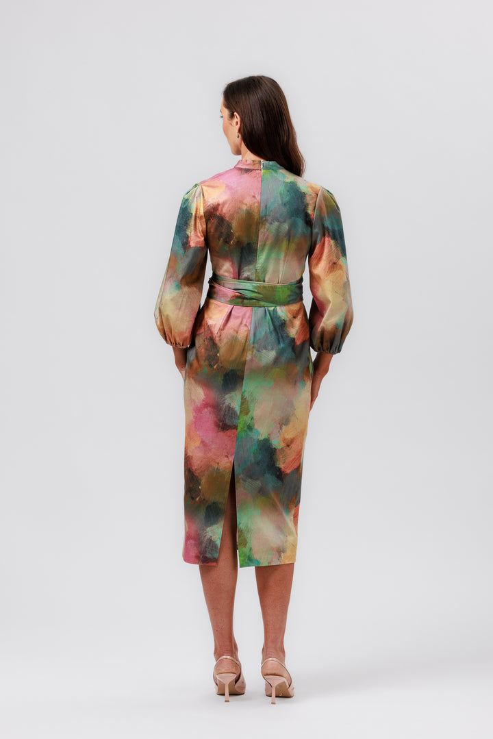RHAPSODY Tie Front Blouson Sleeve Dress