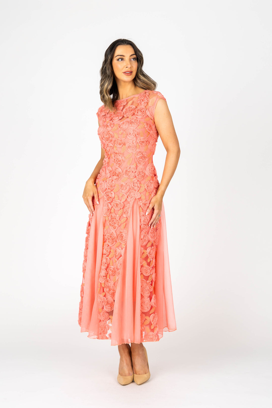 ROSETTE Cap Sleeve Godet Gown
