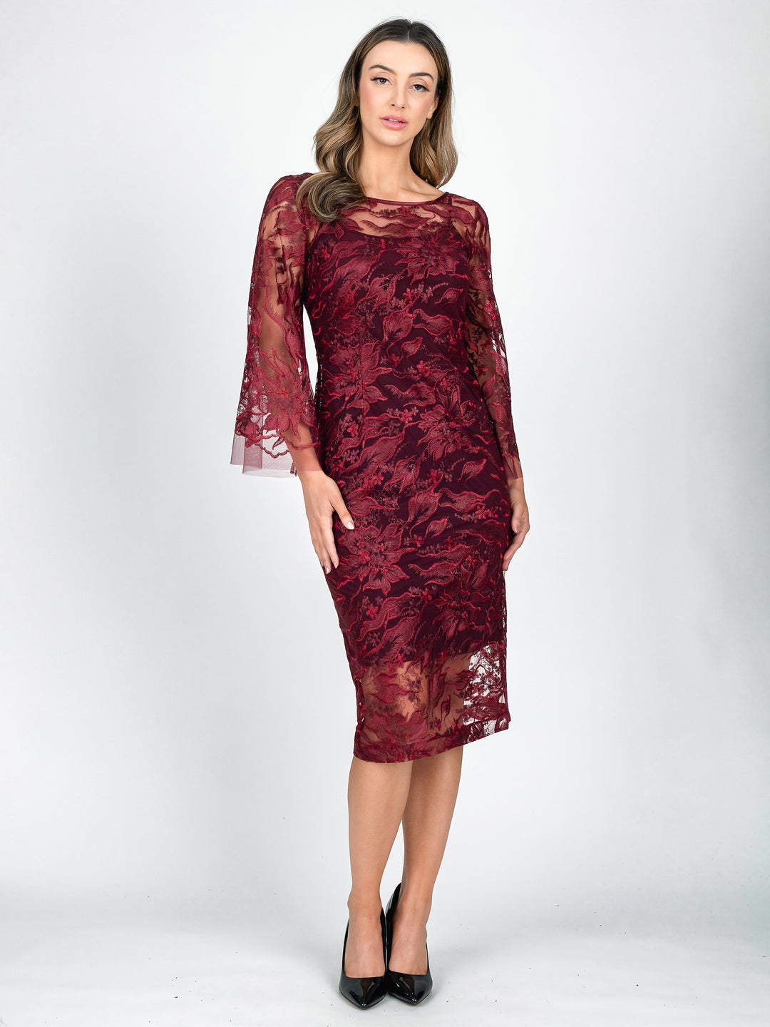 Burgundy 3/4 Sleeve Cocktail dress for Mother of the Bride Groom or wedding guest made from botanical floral embroidered lace