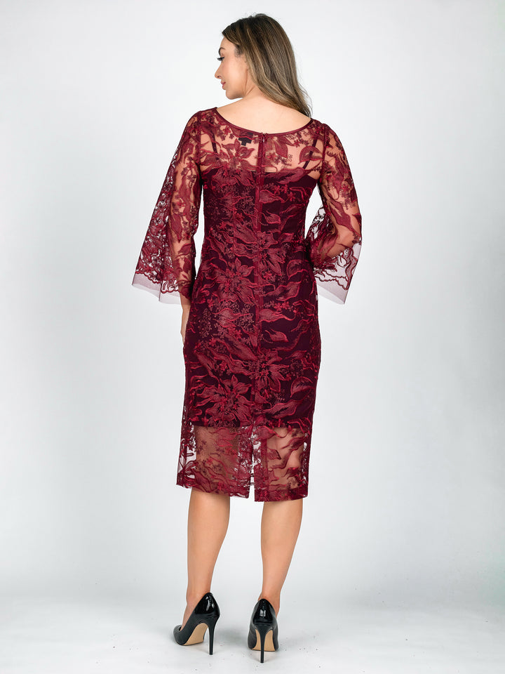 Back Burgundy 3/4 Sleeve Cocktail dress for Mother of the Bride Groom or wedding guest made from botanical floral embroidered lace