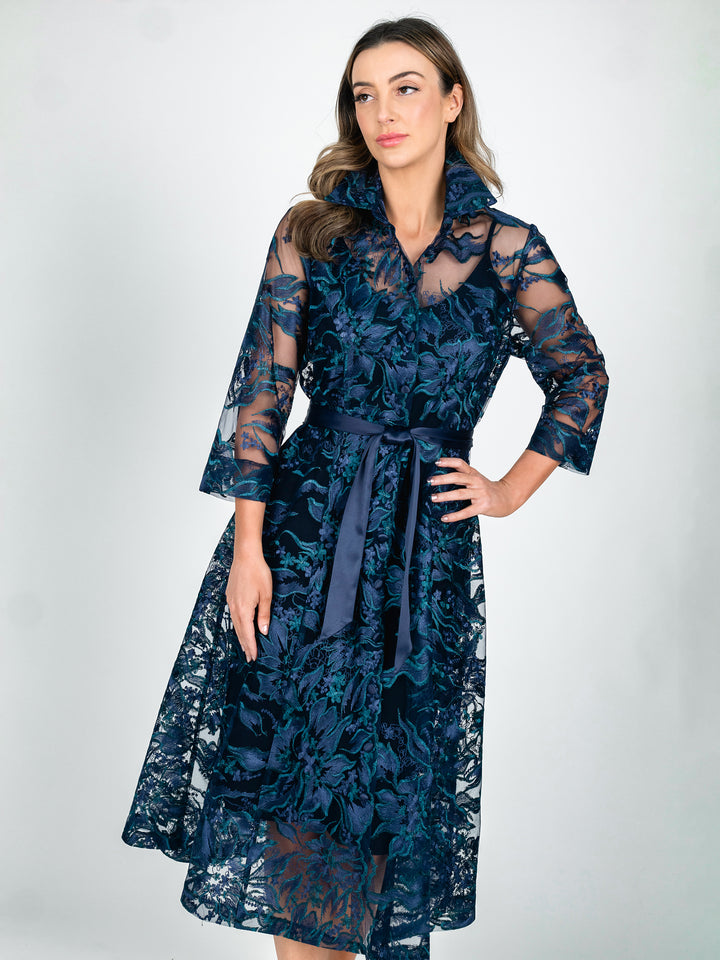 Lisa Barron navy teal green A-line lace coat dress with 3/4 length sleeves in a leaf and botanical embroidery close up