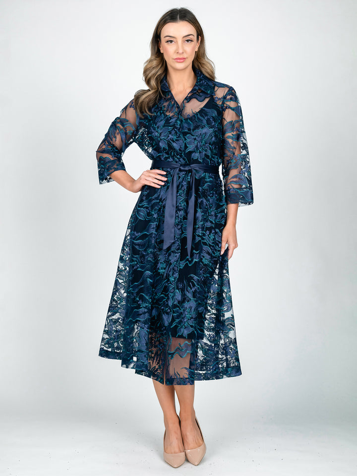 Lisa Barron navy teal green A-line lace coat dress with 3/4 length sleeves in a leaf and botanical embroidery
