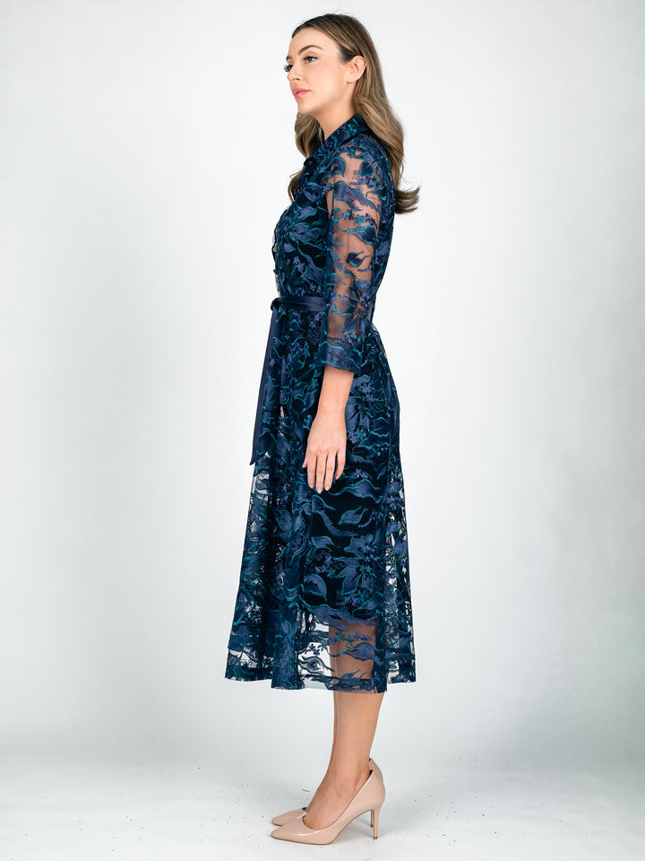 Lisa Barron navy teal green A-line lace coat dress with 3/4 length sleeves in a leaf and botanical embroidery side
