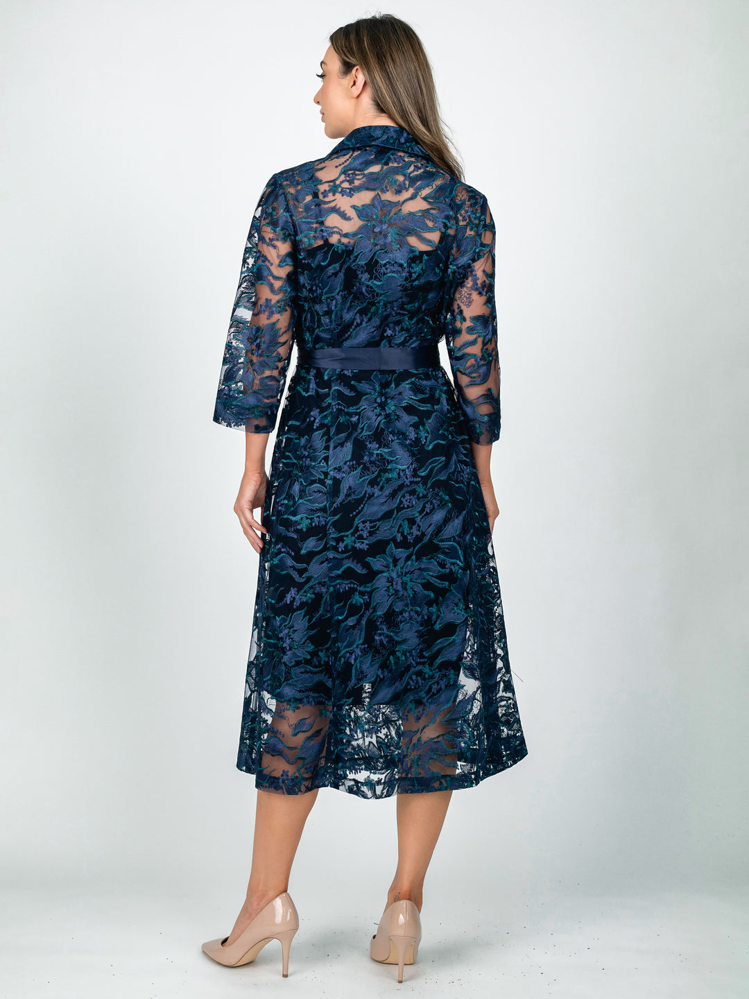 Lisa Barron navy teal green A-line lace coat dress with 3/4 length sleeves in a leaf and botanical embroidery back