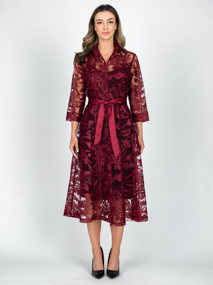 Lisa Barron burgundy red A-line lace coat dress with 3/4 length sleeves in a leaf and botanical embroidery