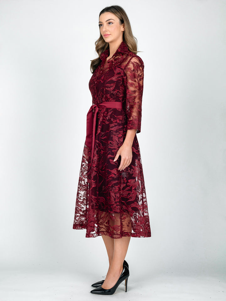 Lisa Barron burgundy red A-line lace coat dress with 3/4 length sleeves in a leaf and botanical embroidery side view