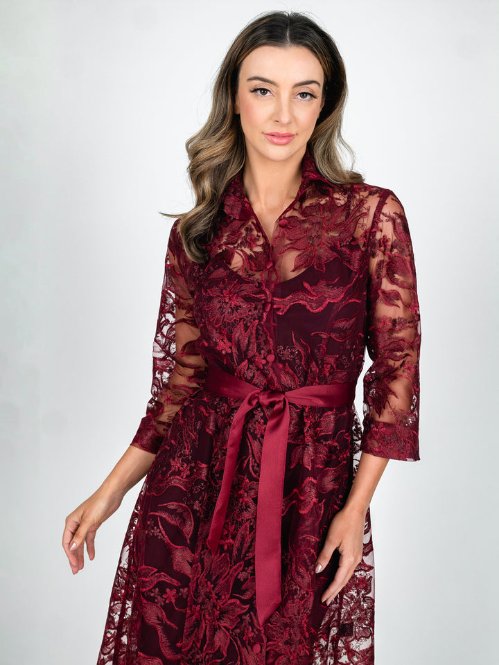 Lisa Barron burgundy red A-line lace coat dress with 3/4 length sleeves in a leaf and botanical embroidery close up