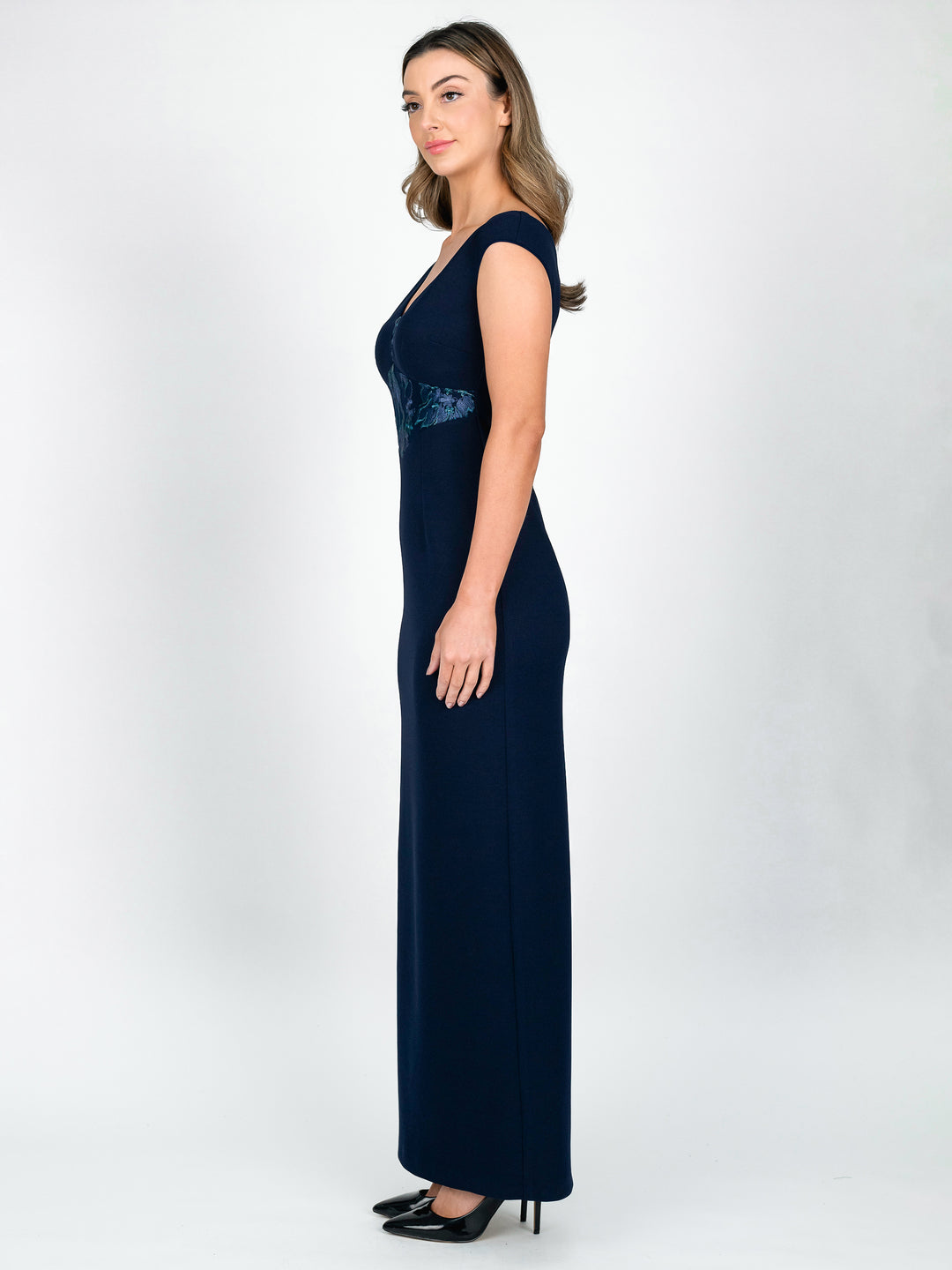 Lisa Barron navy and teal green cap sleeve full length evening gown with v-neck and lace accent side