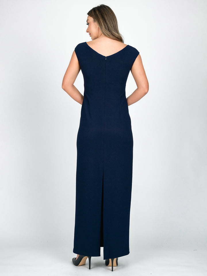 Lisa Barron navy and teal green cap sleeve full length evening gown with v-neck and lace accent back