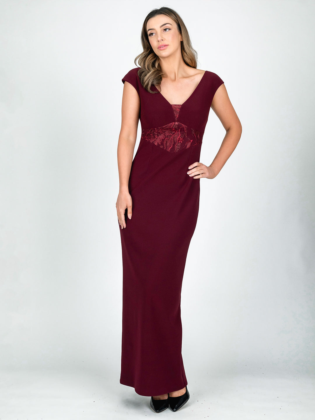 Lisa Barron floor length burgundy cap sleeve full length evening gown with v-neck and lace accent