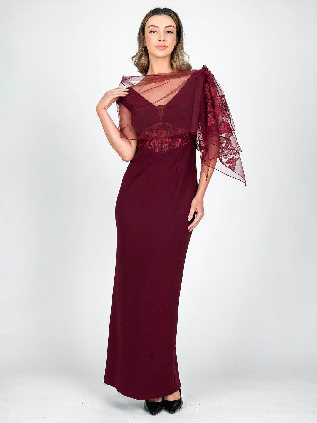 Lisa Barron burgundy cap sleeve full length evening gown with v-neck and lace accent