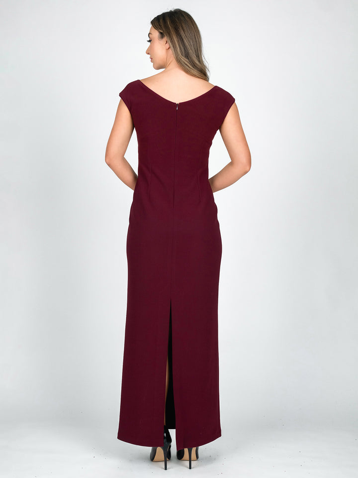Back of Lisa Barron burgundy cap sleeve full length evening gown with v-neck and lace accent