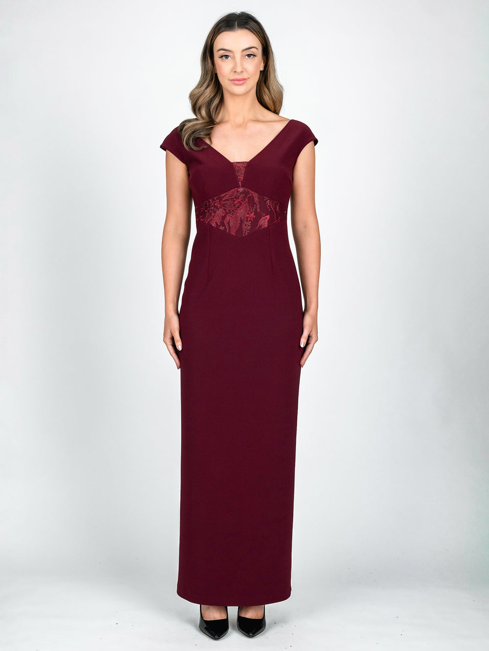 Lisa Barron burgundy cap sleeve full length evening gown with v-neck and lace accent with straight skirt
