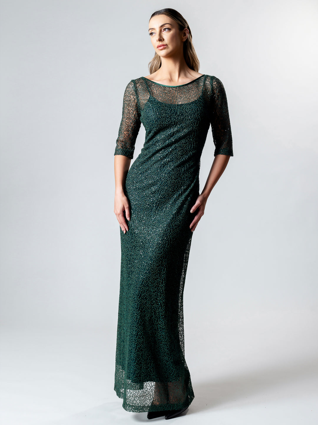 Lisa Barron EMERALD 3/4 Sleeve Evening Gown Made in Melbourne